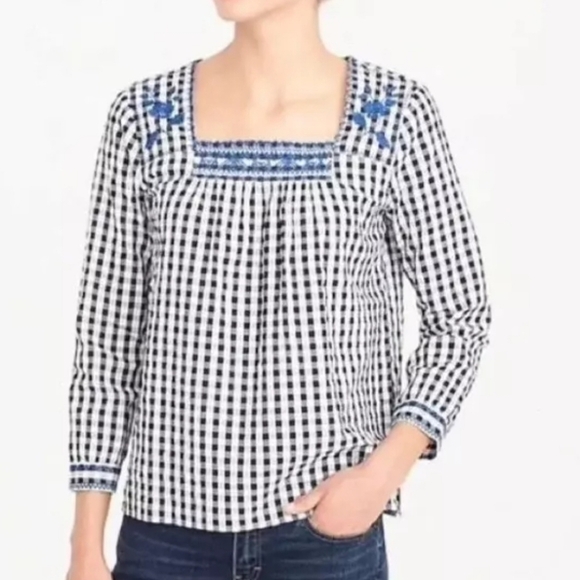 J. Crew Black Blue Gingham Plaid Floral Embroidered Square Neck Tunic Top Large - Picture 1 of 14